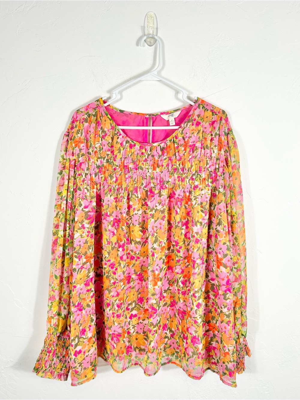Terra & Sky Vibrant Floral Smocked Chiffon Blouse Plus Size 3X Boho